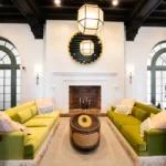 Sofas in seating area of hotel lobby