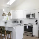 white kitchenette in hotel suite with stools